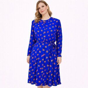 Chaus Vintage button-down scoop neck belted pleated blue floral dress Size: 10p